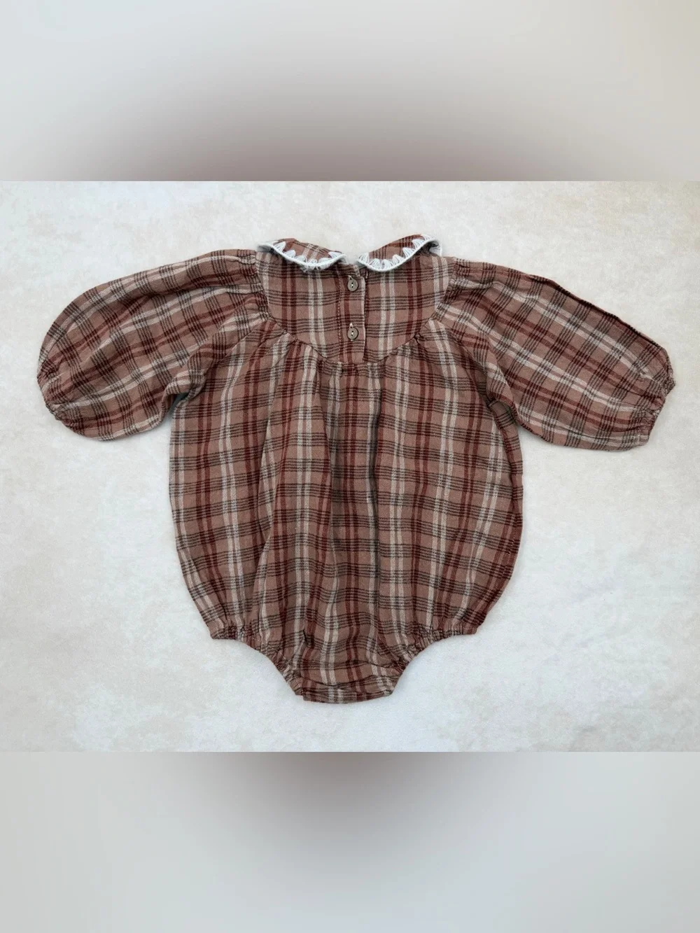 🆕 Rylee + Cru Brown Plaid Baby Romper with Peter Pan Collar
